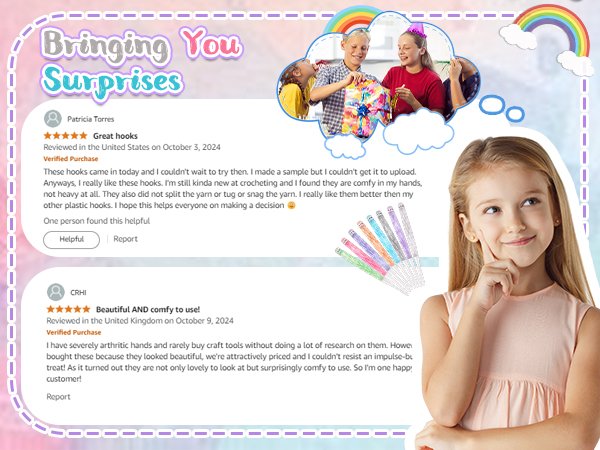 Childrens' reviews and images of colorful crochet hooks with clear handles, next to a thoughtful young girl.