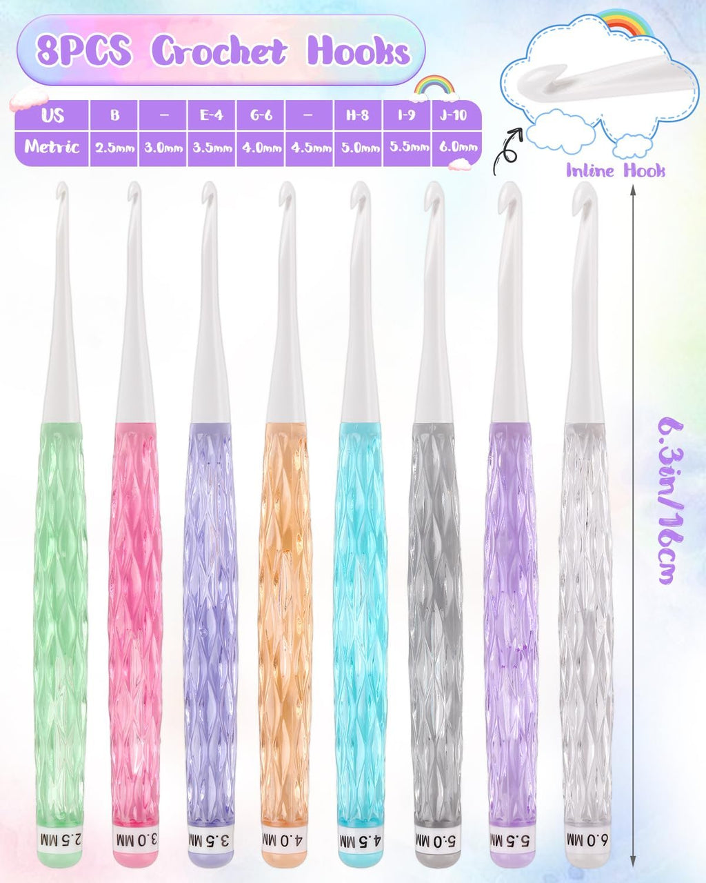 Set of 8 inline crochet hooks with colorful textured plastic handles and size markings.
