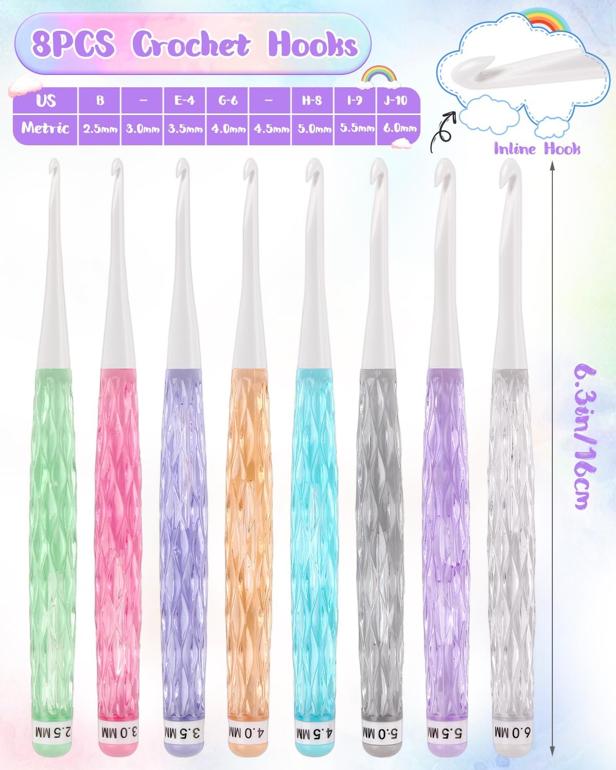 Set of 8 inline crochet hooks with colorful textured plastic handles and size markings.