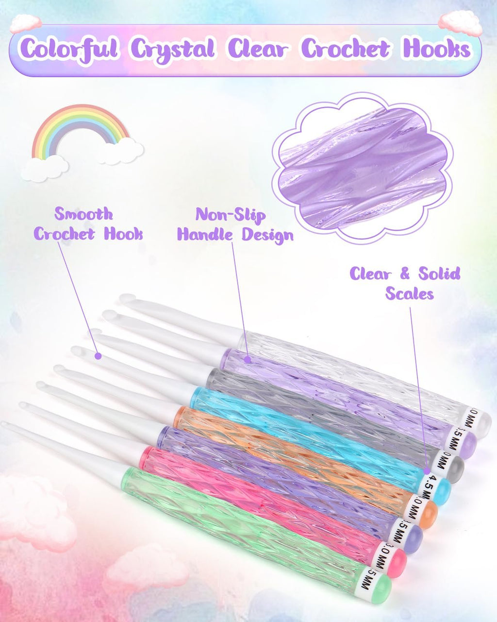 Set of colorful crochet hooks with clear plastic handles, showing sizes printed on handles.