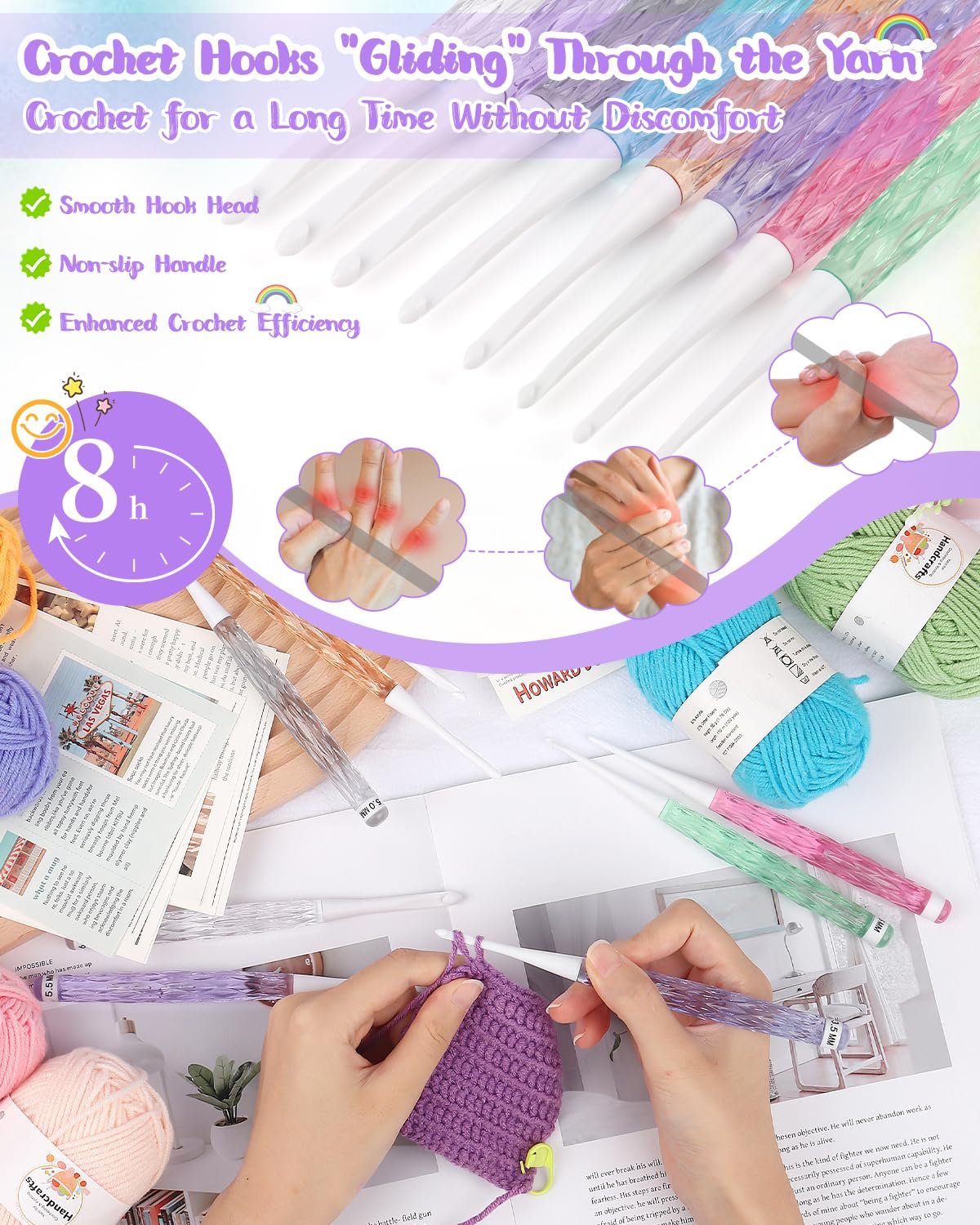 Crochet hooks with colorful handles and yarn, showing hands crocheting and illustrating benefits like smooth hook head and non-slip handle.