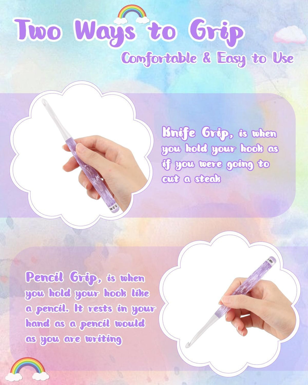 Crochet hook shown in two grip styles: knife grip and pencil grip, with text explanations.