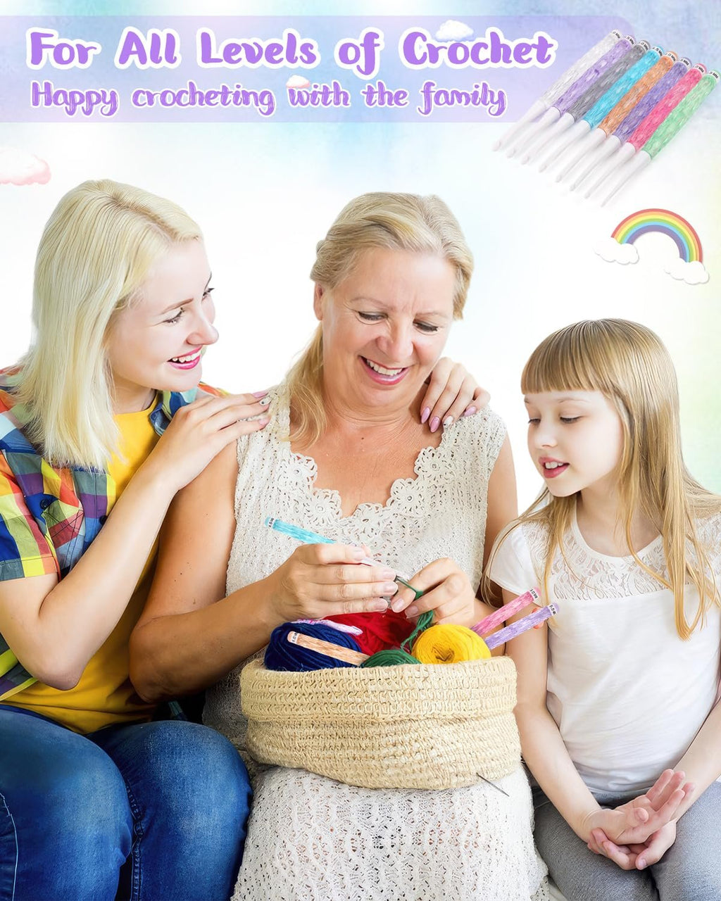 Three women crocheting together with colorful yarn in a basket, crochet hooks visible.