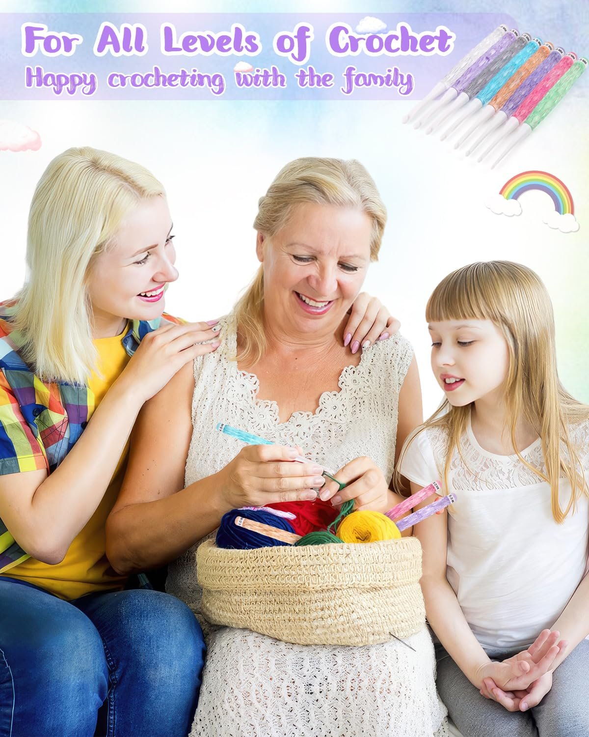 Three women crocheting together with colorful yarn in a basket, crochet hooks visible.