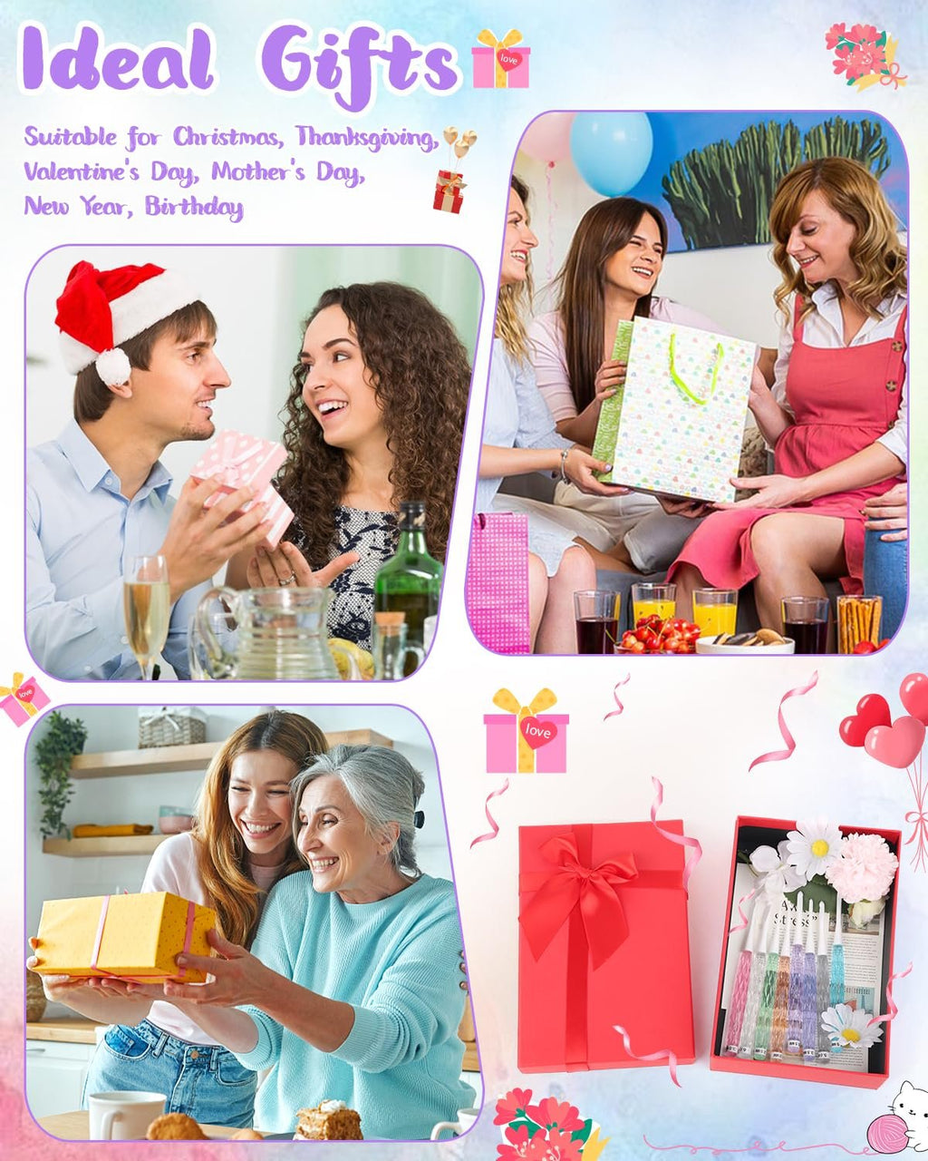 Collage of people exchanging gifts and a crochet hook set in a box, highlighting ideal gift occasions.