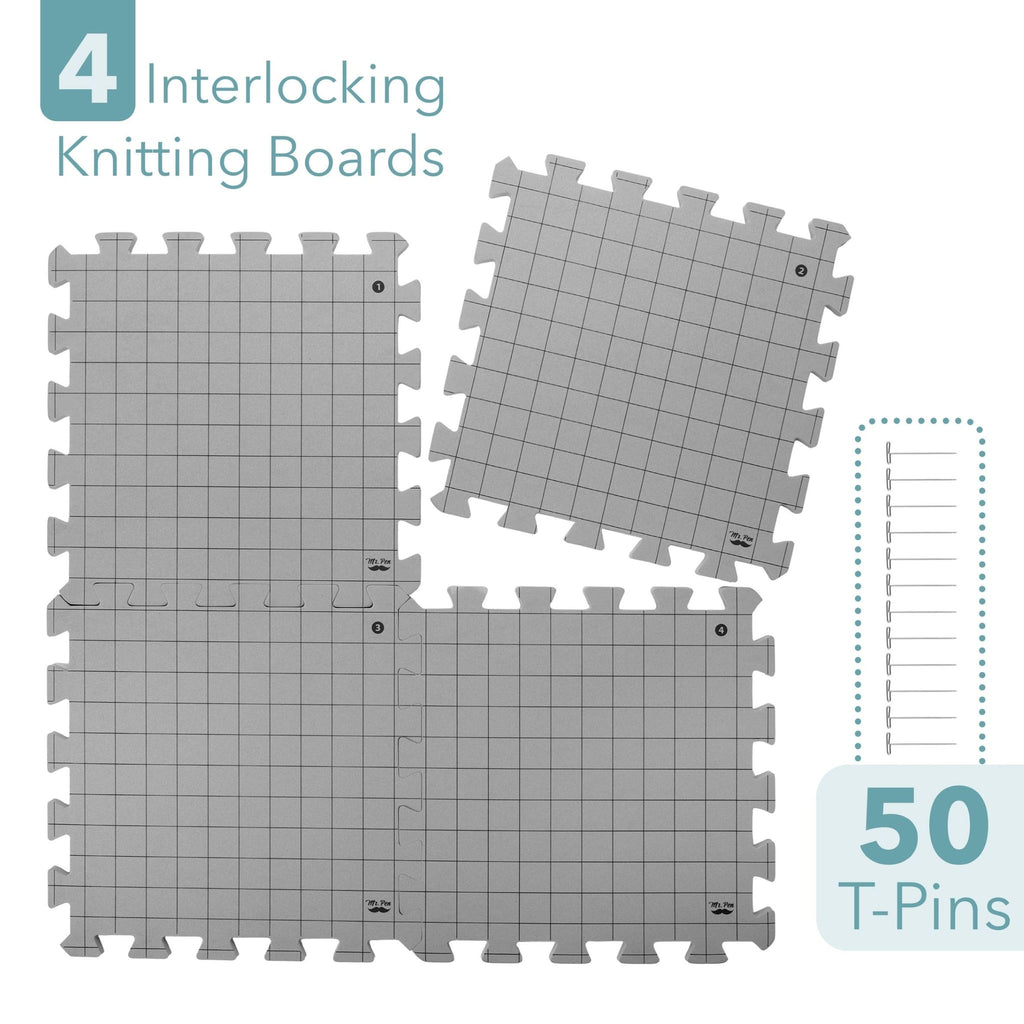 Four interlocking knitting boards with grid lines and 50 T-pins shown on a white background.