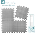 Four interlocking knitting boards with grid lines and 50 T-pins shown on a white background.