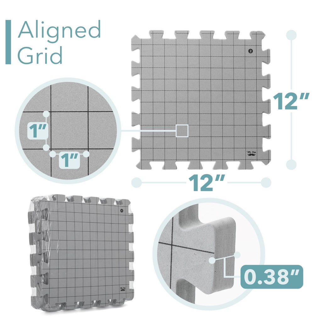 Interlocking blocking mats with grid lines, showing dimensions and thickness. One mat has a close-up view of the grid and a brand logo.