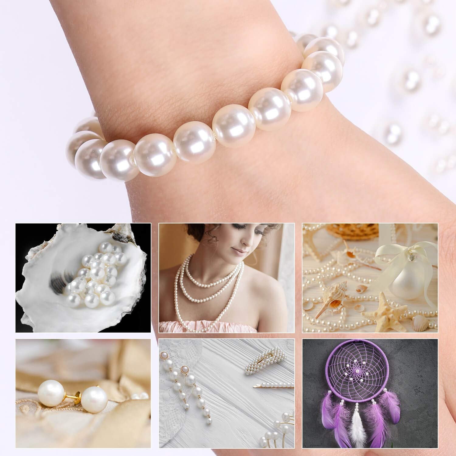 Collage of pearl jewelry and craft beads, including a bracelet on a wrist, pearls in an oyster shell, a woman wearing pearl necklaces, decorative pearls with shells, pearl earrings, pearl hair accessories, and a purple dreamcatcher with pearl accents.