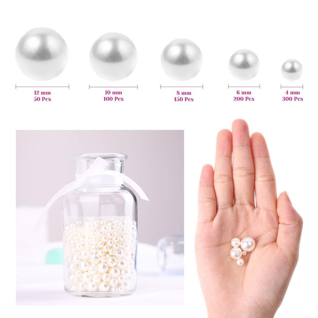 Assorted sizes of ivory pearl craft beads shown in a glass jar and in a hand, with size and quantity callouts.
