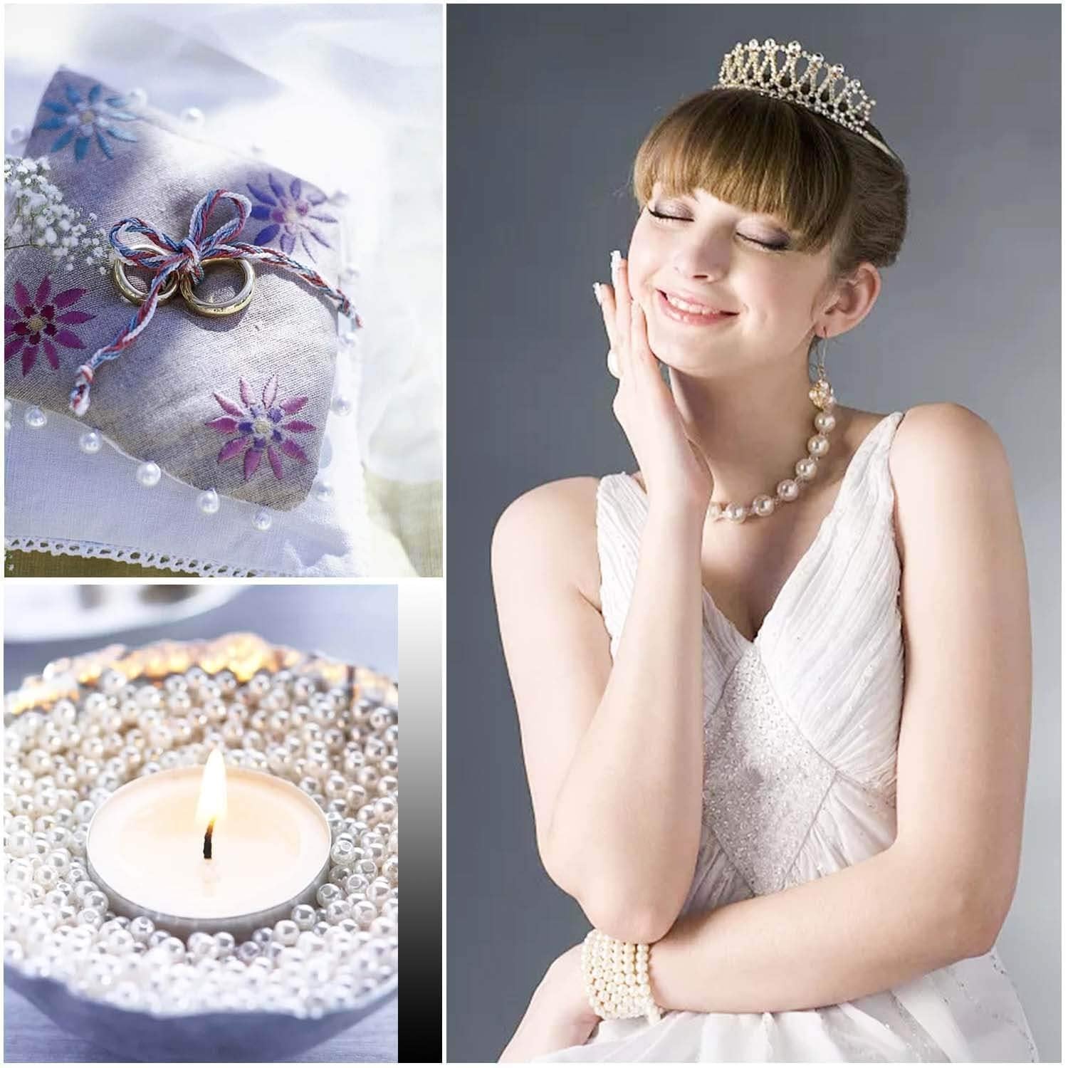 Collage of wedding-themed images: rings on a decorative pillow, a bride wearing a tiara and pearl jewelry, and a lit candle surrounded by pearls.