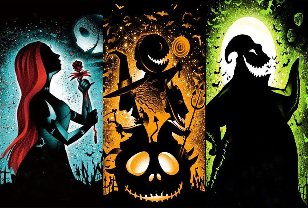 Diamond art painting kit featuring silhouettes of Sally, Jack Skellington, Lock, Shock, Barrel, and Oogie Boogie against starry backgrounds.
