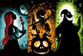 Diamond art painting kit featuring silhouettes of Sally, Jack Skellington, Lock, Shock, Barrel, and Oogie Boogie against starry backgrounds.