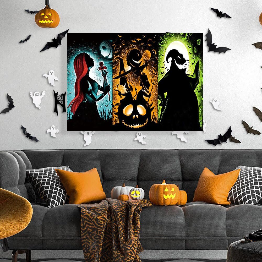 Halloween-themed diamond art painting featuring Jack Skellington, Sally, and Oogie Boogie characters hanging above a sofa decorated with pumpkins and Halloween bats.