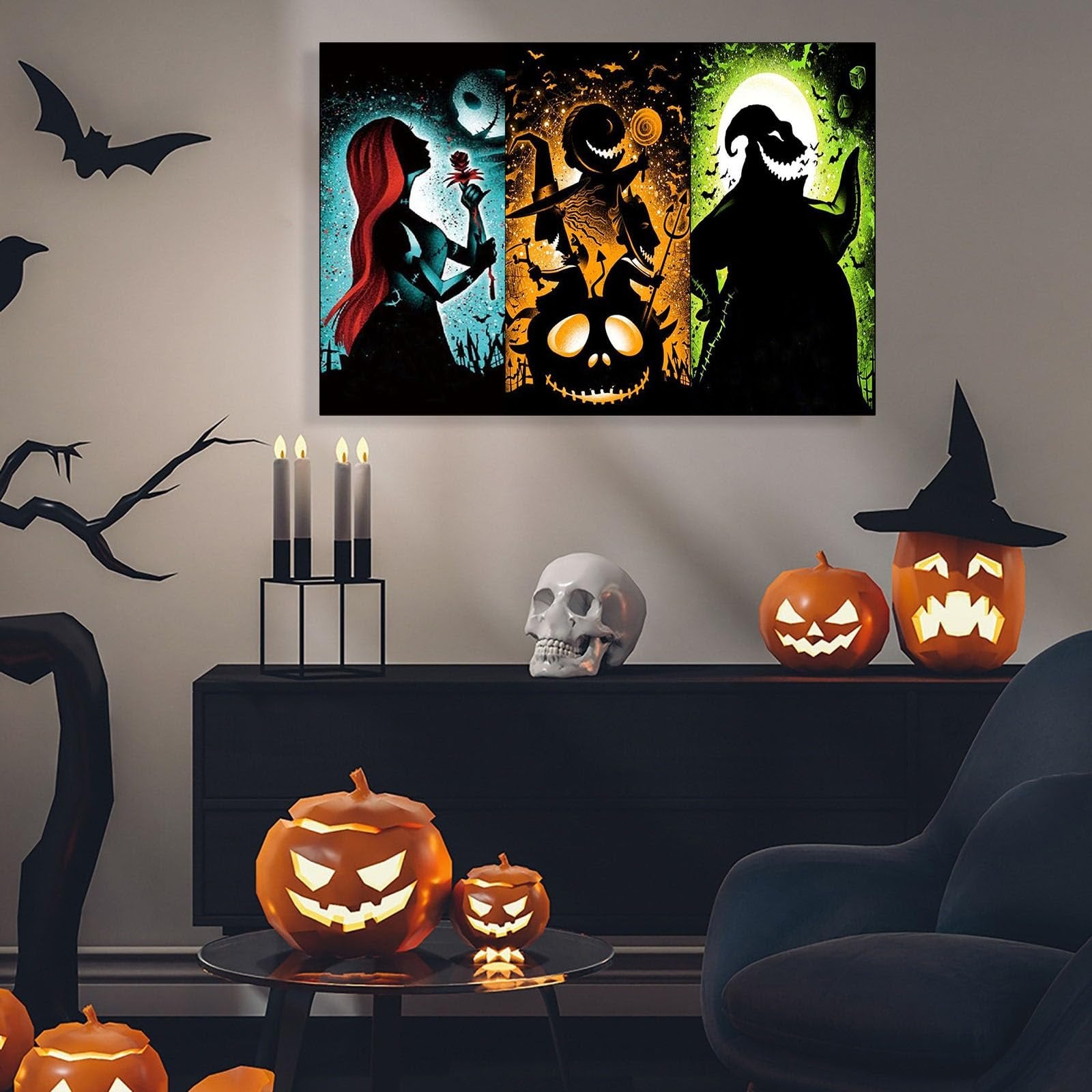 Halloween-themed diamond art painting triptych featuring Jack Skellington, Sally, and Oogie Boogie silhouettes.