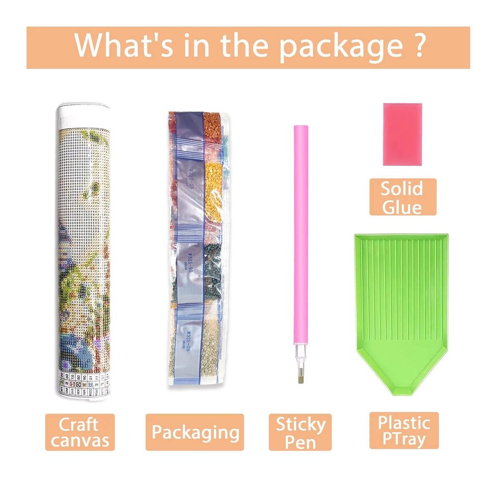 Diamond art painting kit contents including a rolled canvas, bags of colored diamonds, a pink sticky pen, solid glue, and a green plastic tray.