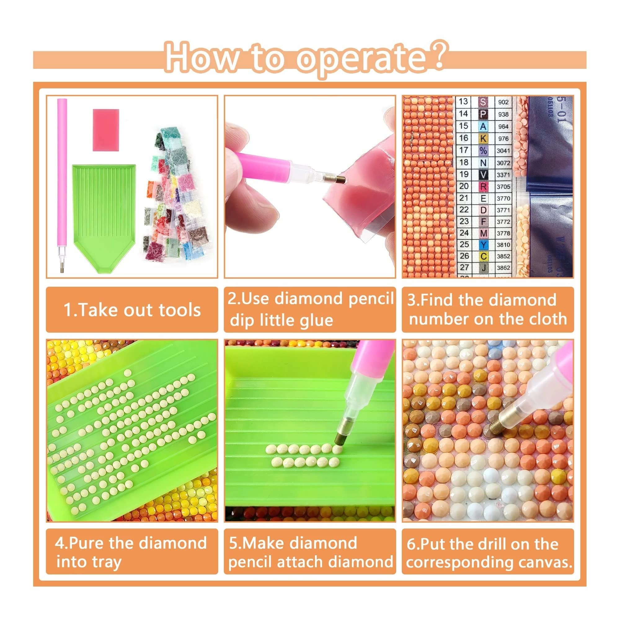 Diamond painting kit instructions showing tools, diamond sorting, and application steps.