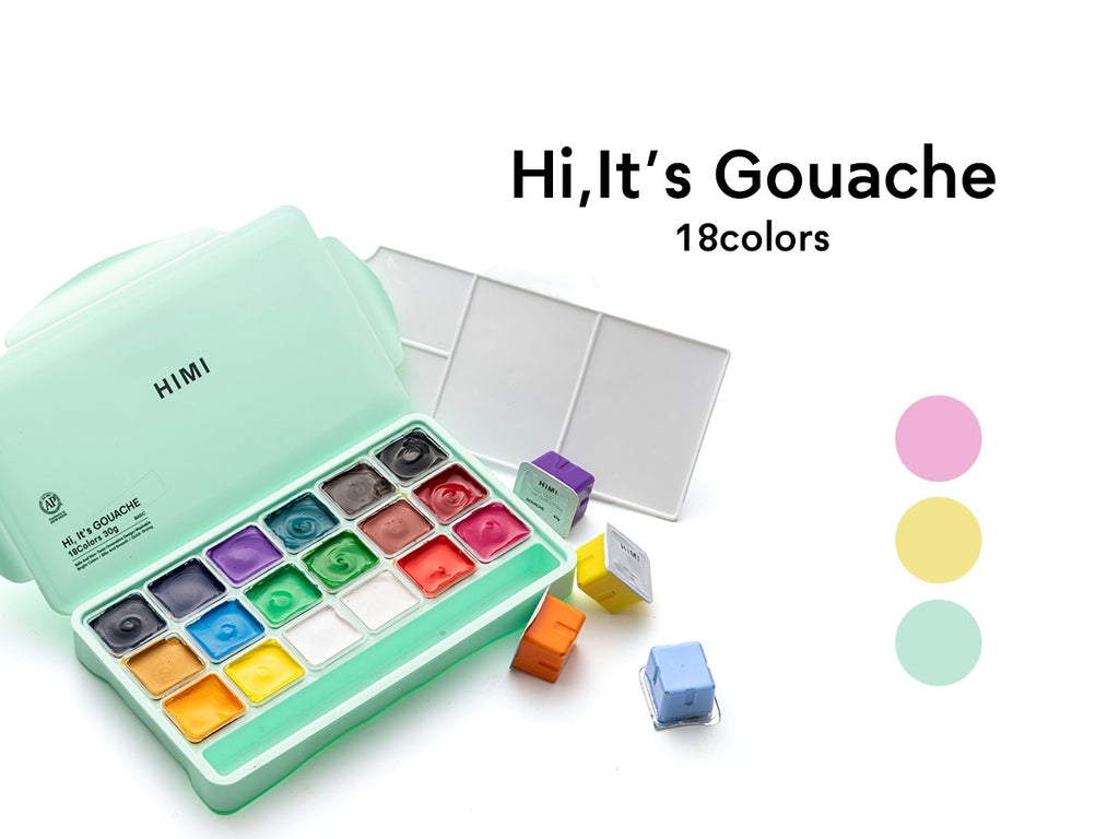 Open mint green paint case with 18 colors of gouache paint, palette, and loose paint pots on a white background.