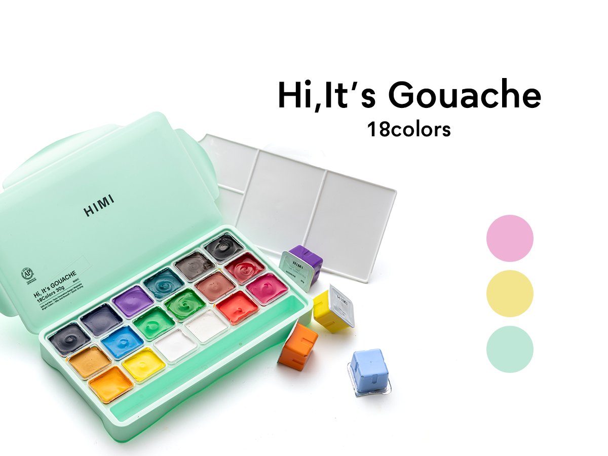 Open mint green paint case with 18 colors of gouache paint, palette, and loose paint pots on a white background.