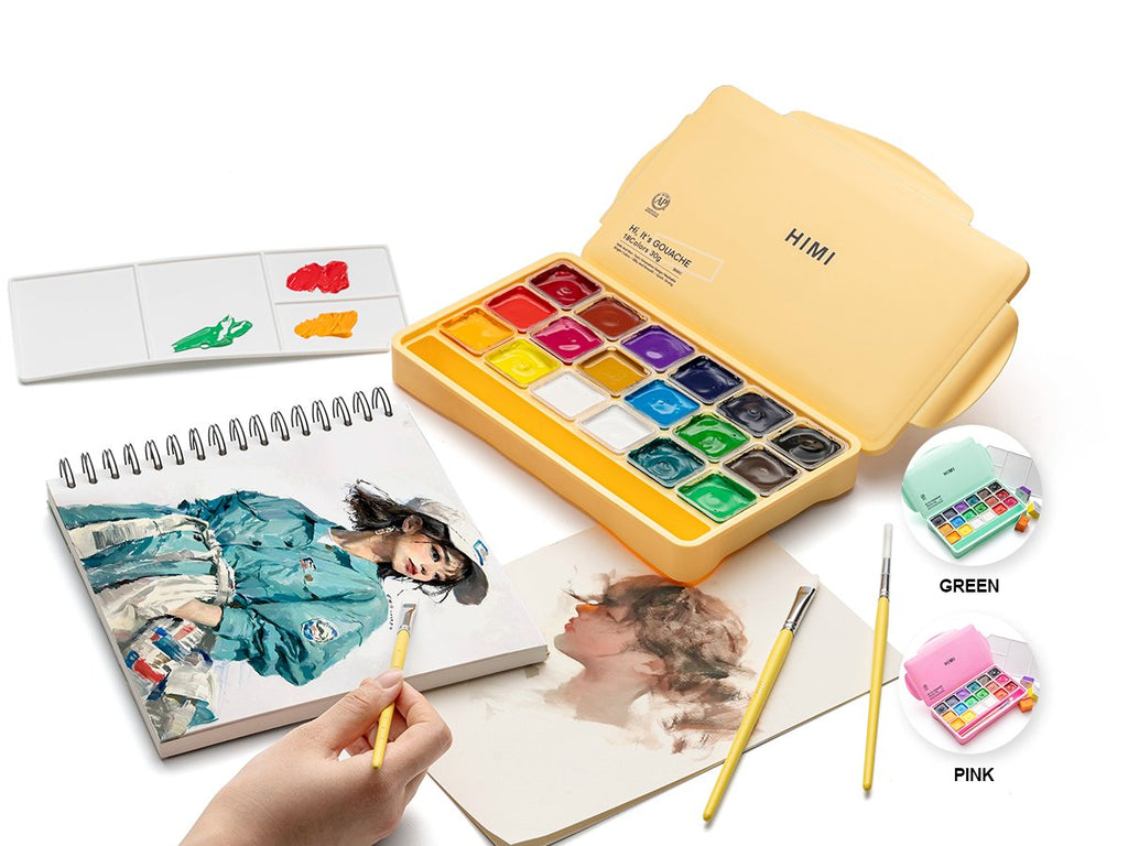 Jelly gouache paint set with 18 colors open, showing paint pots, alongside a palette, brushes, and artwork.