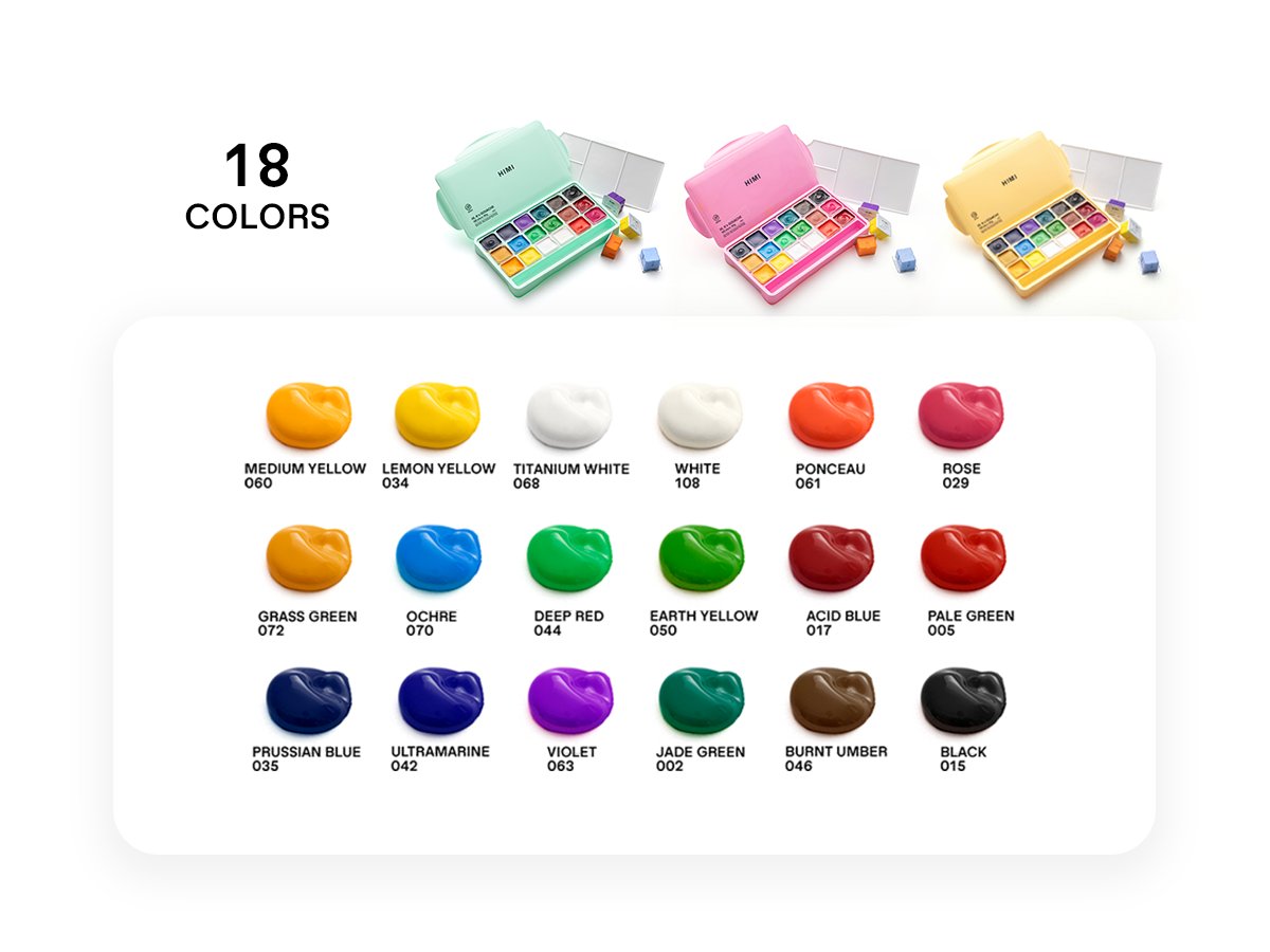 Jelly gouache paint set with 18 colors displayed in open cases and as individual paint blobs with color names and numbers.