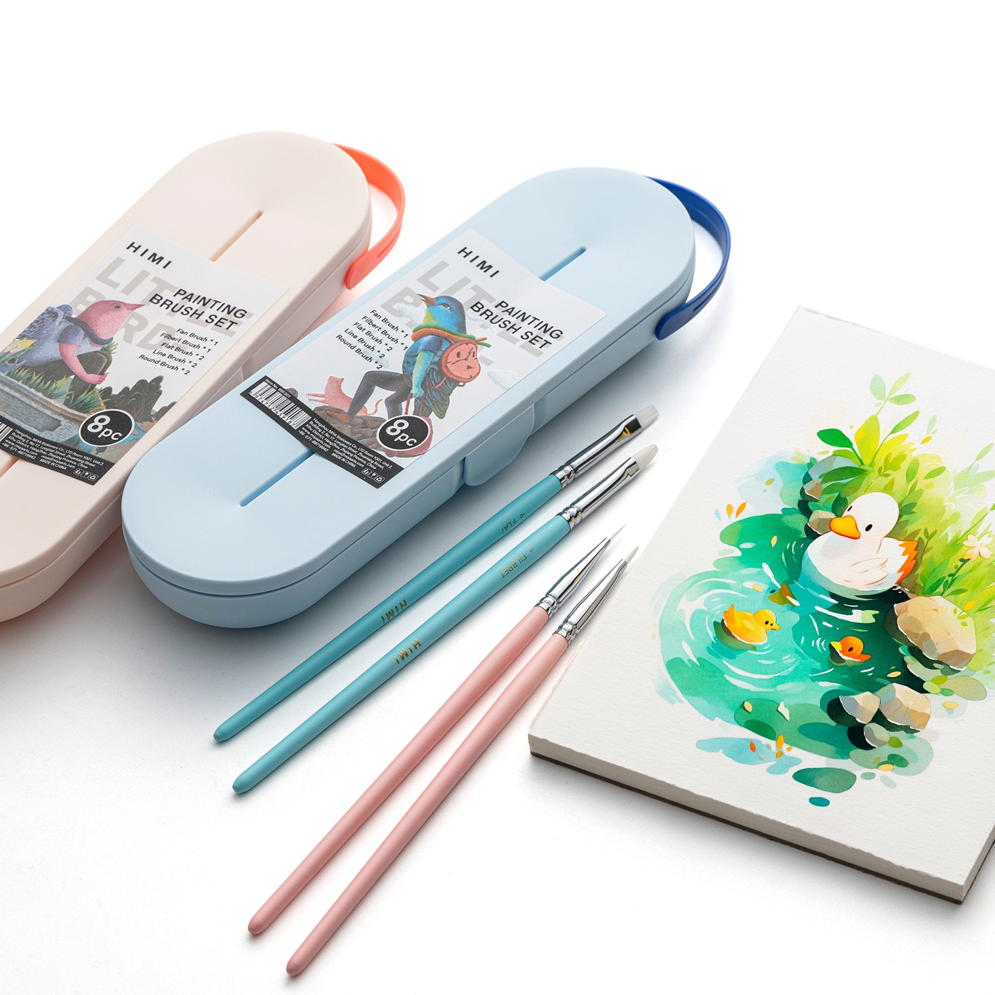 Two portable painting brush sets with cartoon birds and cats, three brushes, and a watercolor painting of ducks on a white background.