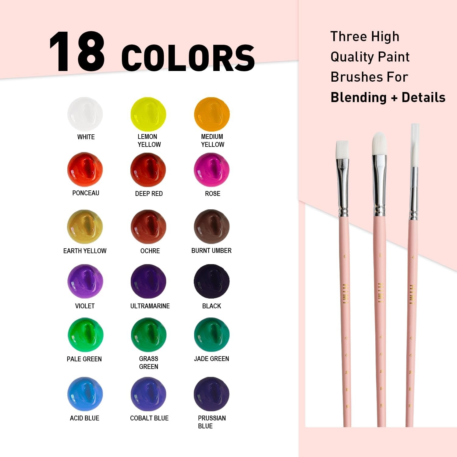 Eighteen colors of jelly gouache paint swatches and three pink paint brushes with gold lettering.