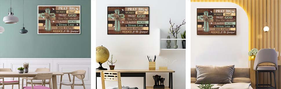 Diamond painting canvas with praying hands cross and inspirational text, displayed in three different home settings.