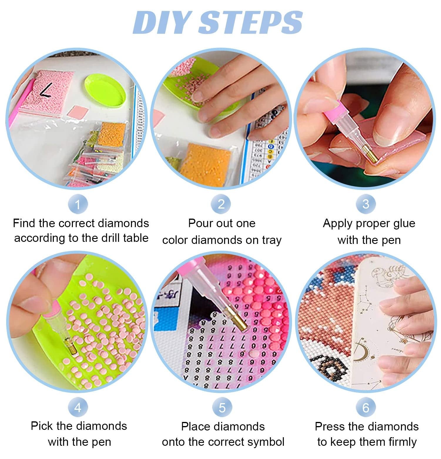 Collage of six steps demonstrating how to complete a diamond painting kit, showing diamond sorting, placement, and application.