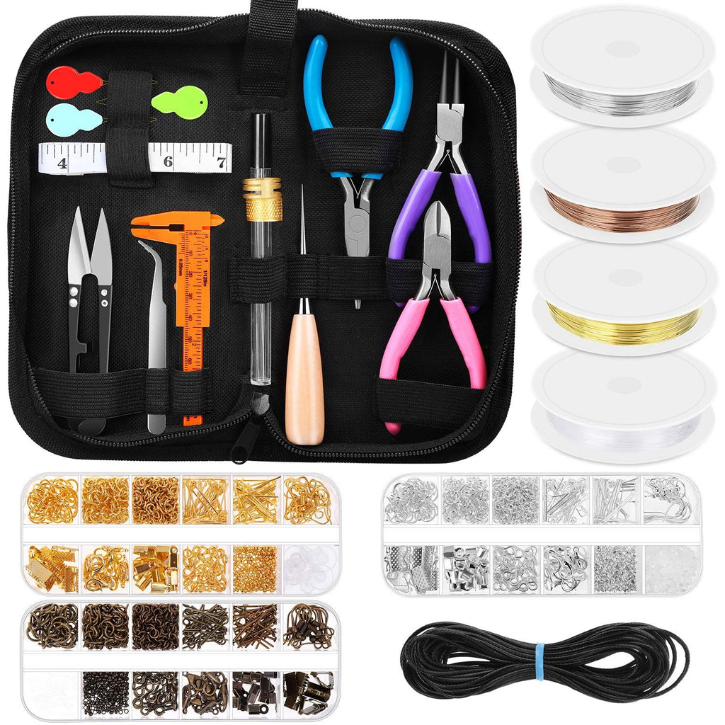 Jewelry making kit with tools, findings, and cords organized in a black zippered pouch and separate containers.