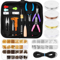 Jewelry making kit with tools, findings, and cords organized in a black zippered pouch and separate containers.