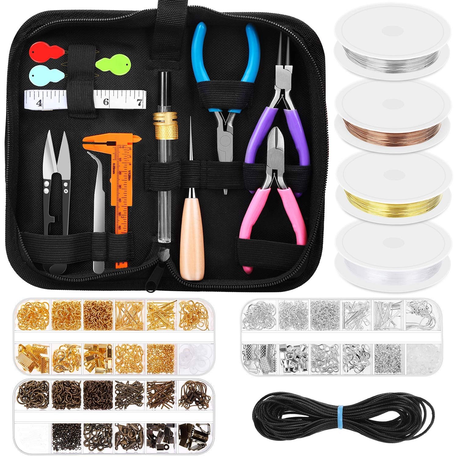 Jewelry making kit with tools, findings, and cords organized in a black zippered pouch and separate containers.