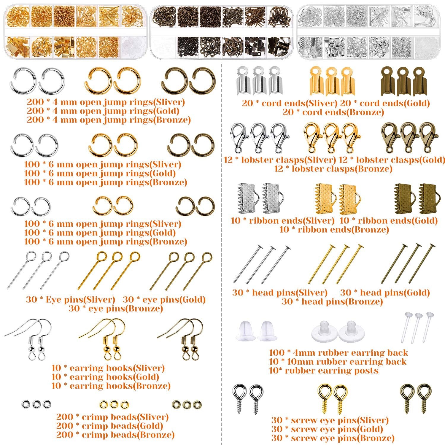 Assortment of jewelry making findings including jump rings, cord ends, clasps, eye pins, head pins, earring hooks, crimp beads, and screw eye pins in silver, gold, and bronze finishes.