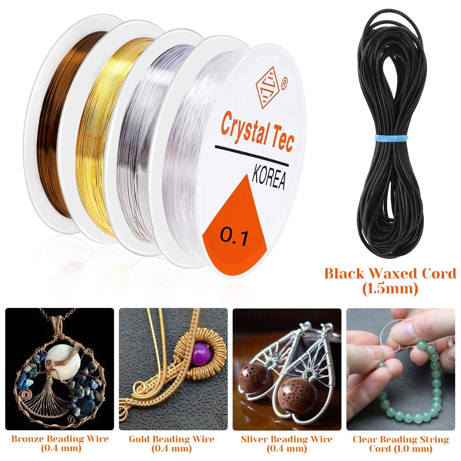 Four spools of jewelry wire in brown, gold, silver, and clear, next to a bundle of black waxed cord. Four inset images show jewelry made with bronze, gold, silver, and clear beading wire.