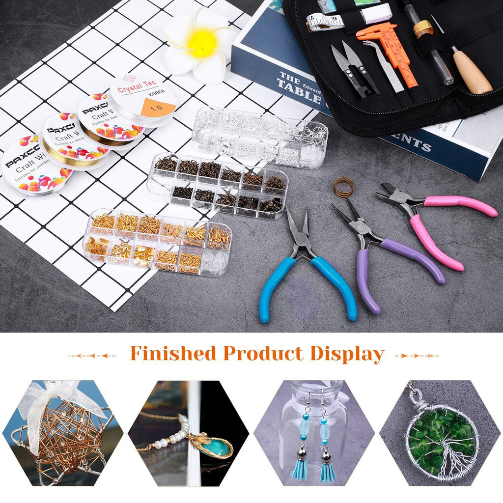 Jewelry making kit with pliers, wires, cords, and findings, plus finished product examples.