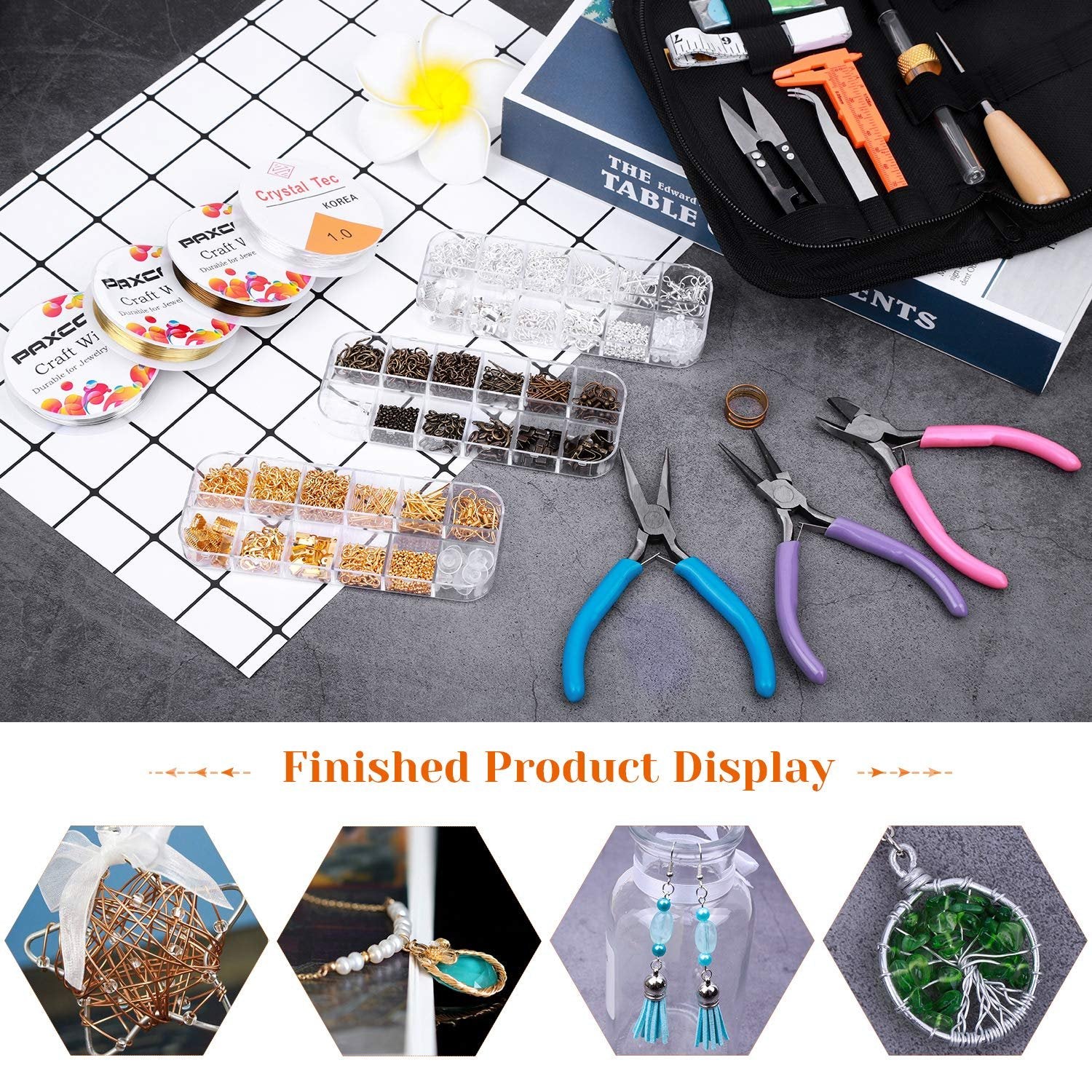 Jewelry making kit with pliers, wires, cords, and findings, plus finished product examples.
