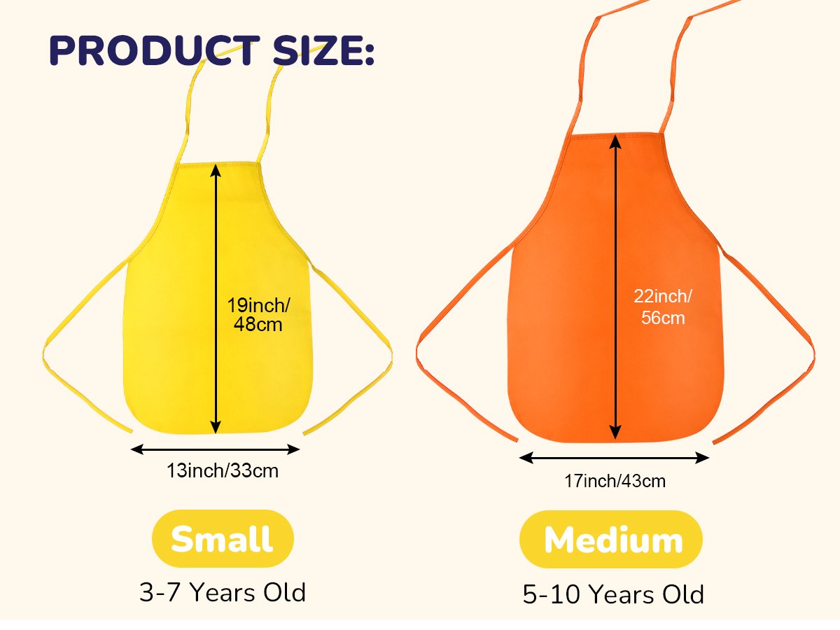 Two kids aprons, yellow and orange, shown with dimensions and size labels for small and medium.