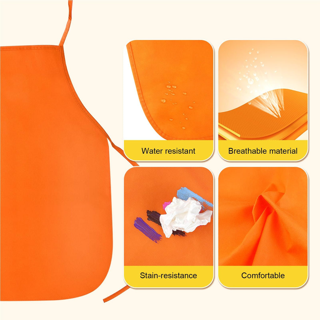 Orange art apron shown with four inset images highlighting water resistance, breathable material, stain resistance, and comfort.