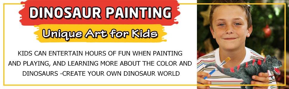 Boy holding a dinosaur figurine with paint brushes, with text overlay about dinosaur painting kit.