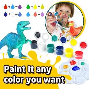 Kids dinosaur painting craft kit with blue dinosaur, paint pots, brushes, mixing palette, and a child painting.