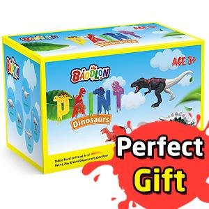 Kids dinosaur painting craft kit box with 10 white figurines, 6 paint colors, 6 brushes and mixing pads for boys and girls ages 5 to 8