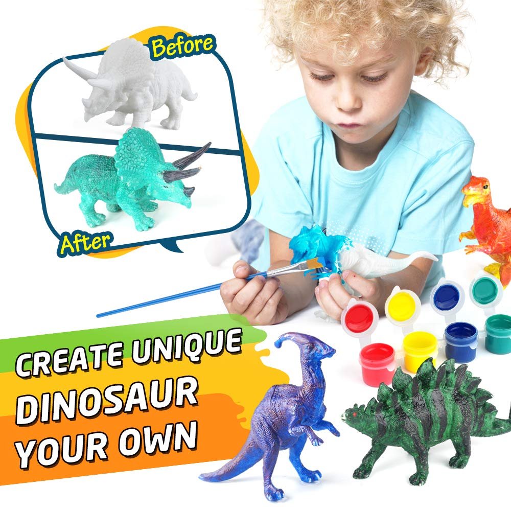 Young boy painting a white dinosaur figurine with a brush and colorful paints, showing before and after examples.
