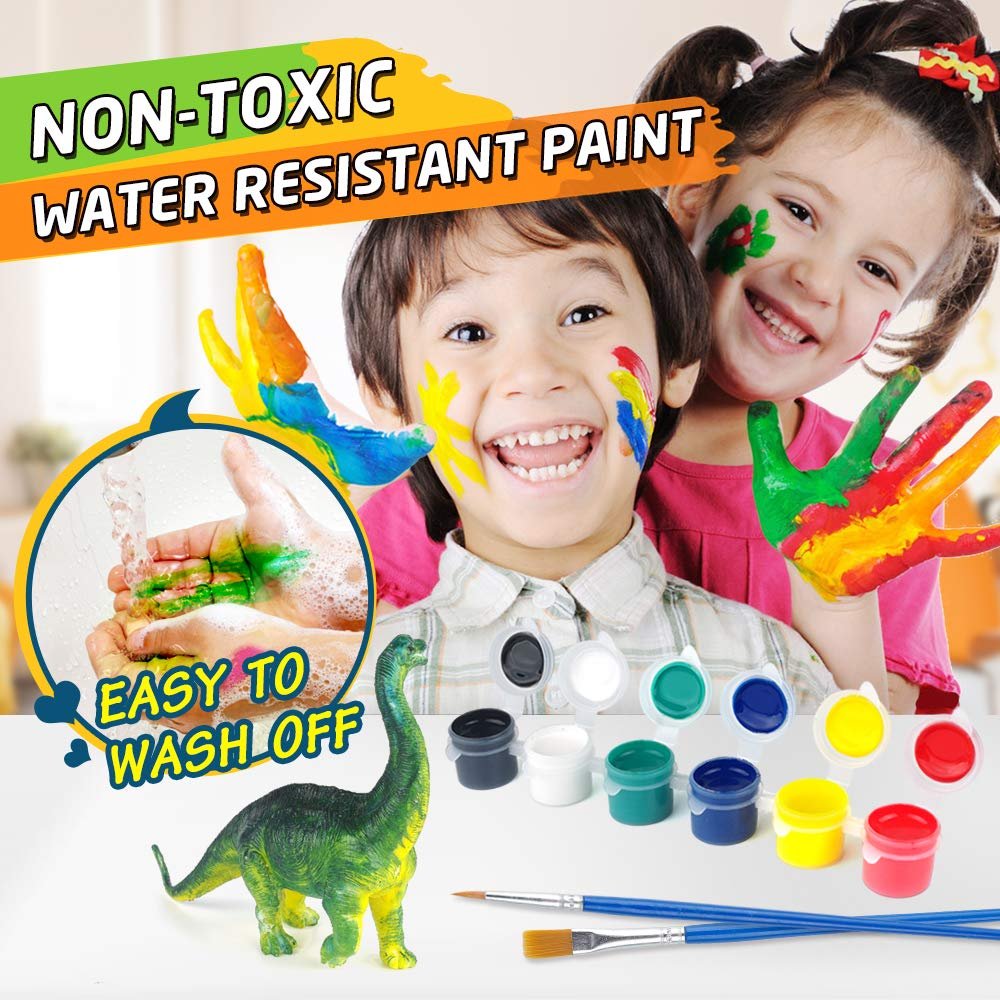 Children with painted faces and hands smiling, next to dinosaur figurines and paint pots.