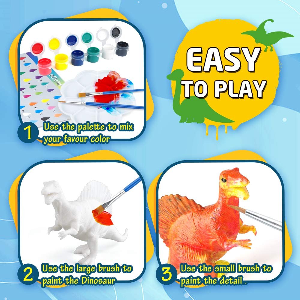 Dinosaur painting craft kit instructions showing paint mixing, painting a white dinosaur, and painting details on a colored dinosaur.