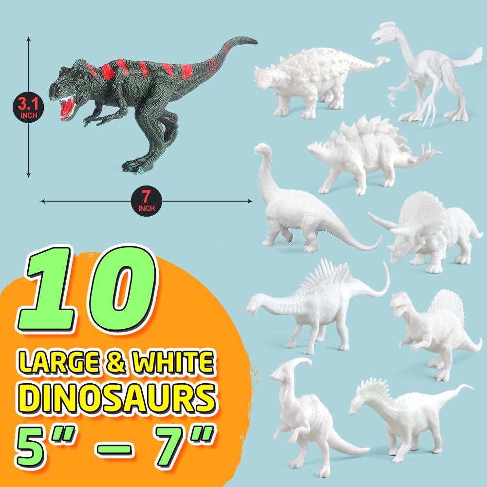 Dinosaur figurines, including a green T-Rex and white figures, with size indicators and text.