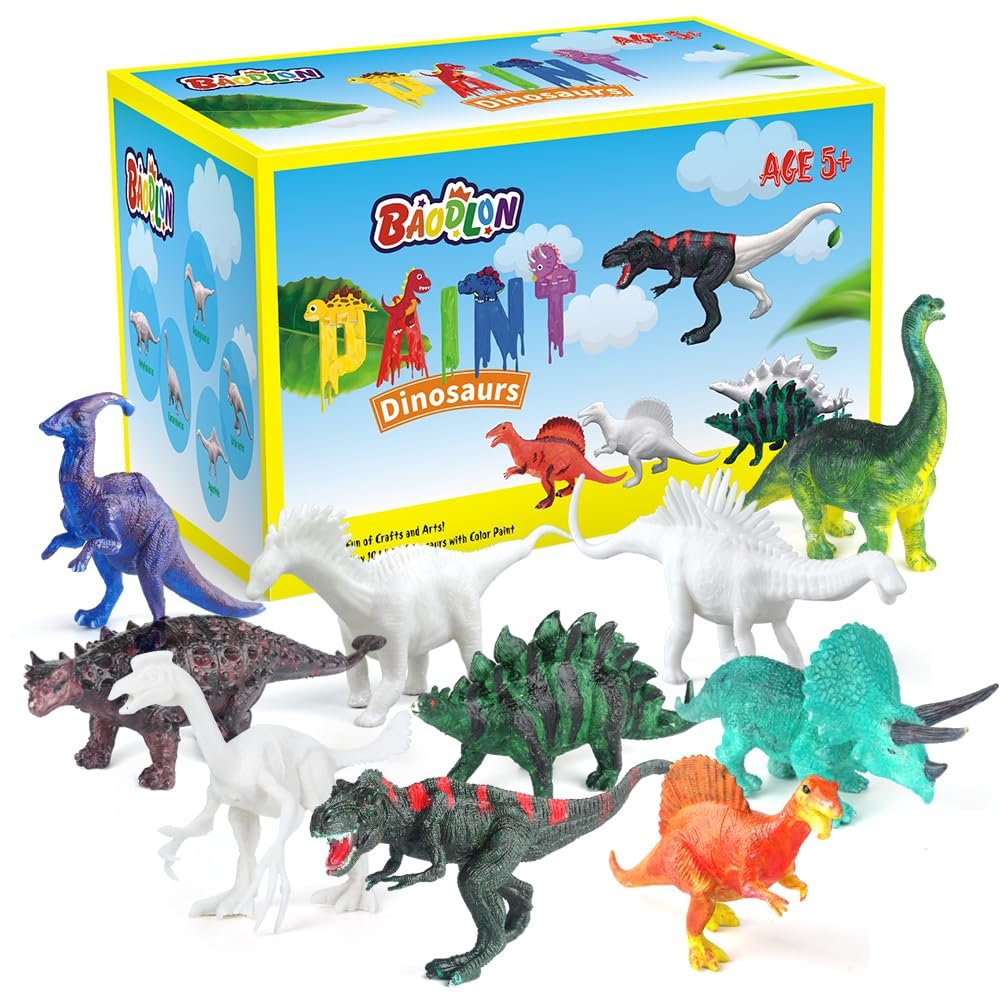 Dinosaur painting craft kit with 10 figurines and art supplies, displayed with the product box.