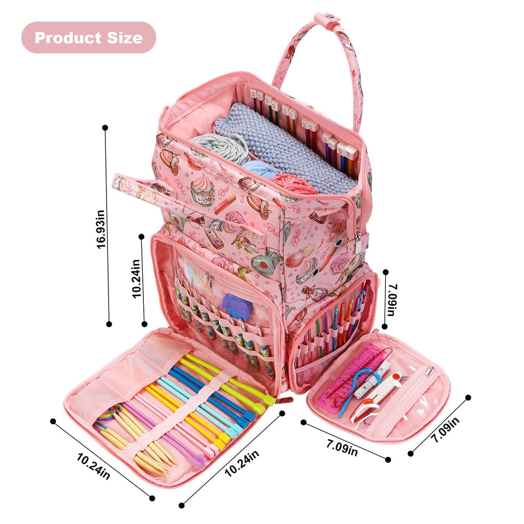Pink knitting crochet backpack with various tools and yarn, shown with dimensions.