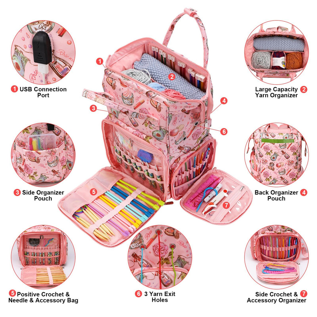 Knitting crochet backpack shown open with various compartments displaying yarn, needles, and accessories. Callouts highlight features like USB port and organizers.