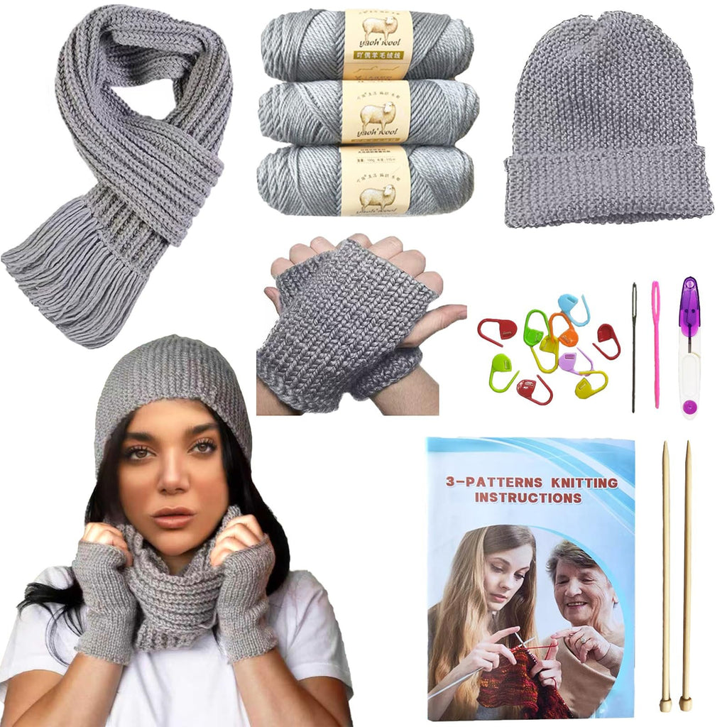 Knitting starter kit contents including scarf, hat, fingerless gloves, yarn, needles, stitch markers, and instruction booklet.