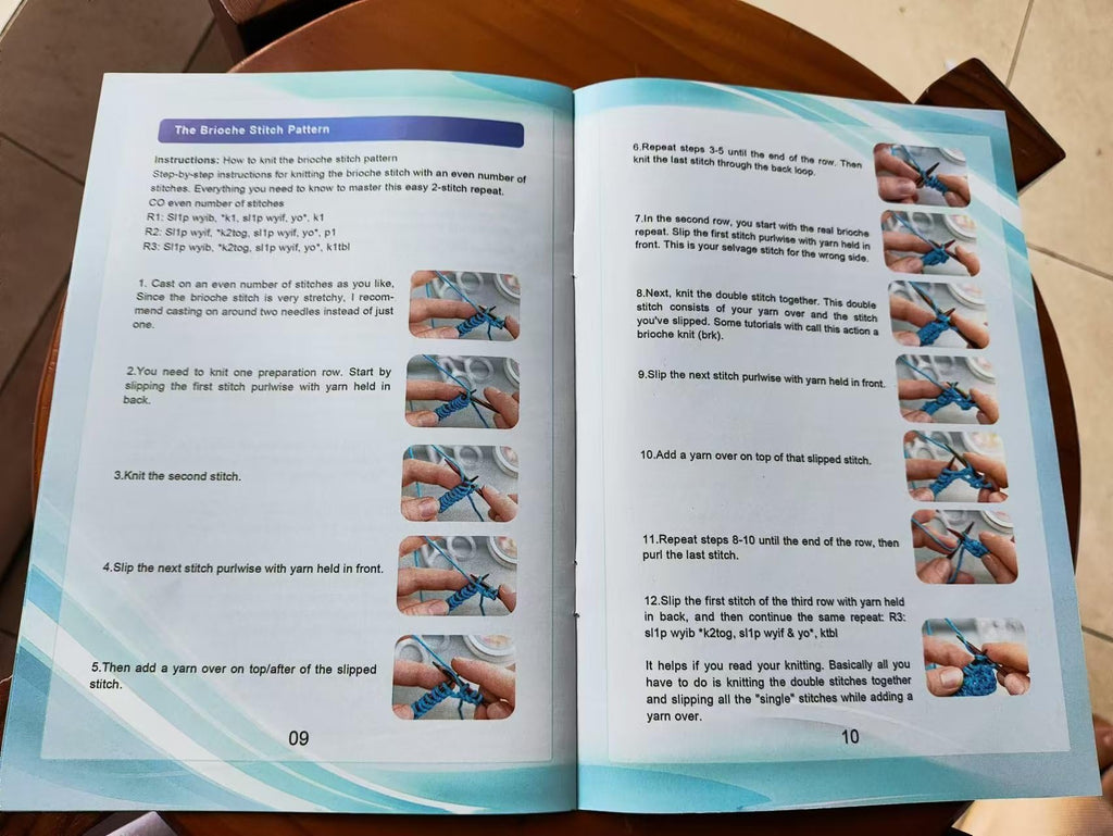 Open booklet showing instructions for the Brioche Stitch Pattern with step-by-step illustrations of knitting techniques.
